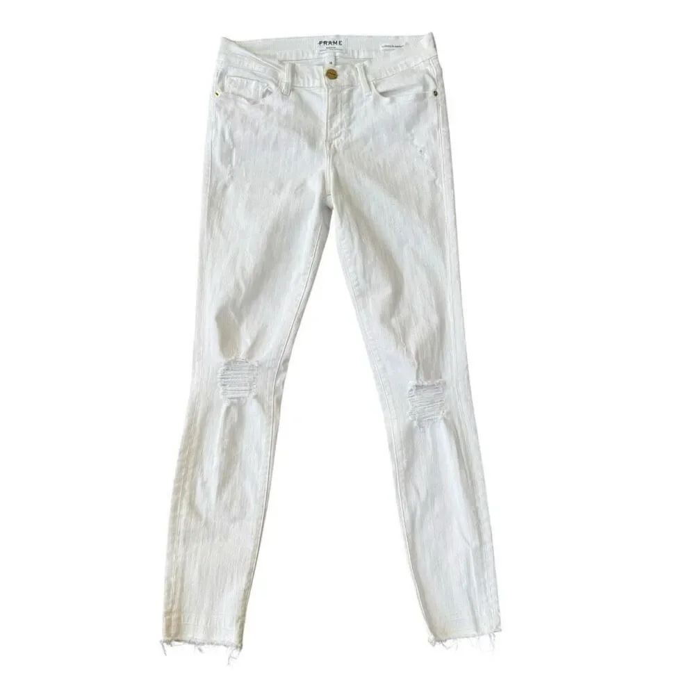 FRAME Le Skinny De Jeanne Crop Slim Jeans White distressed Size 28 Stretch